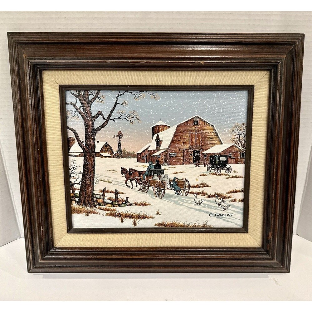 Framed Christmas Winter Farm Scene Print Americana Cottagecore Barn C Carson